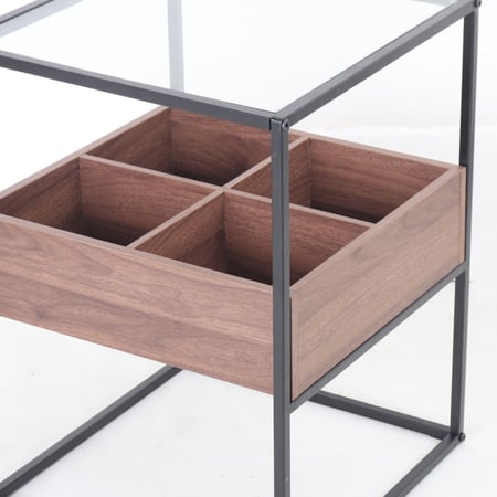 طاولة جانبية - سطح زجاجي - صندوق خشب - قواعد معدن