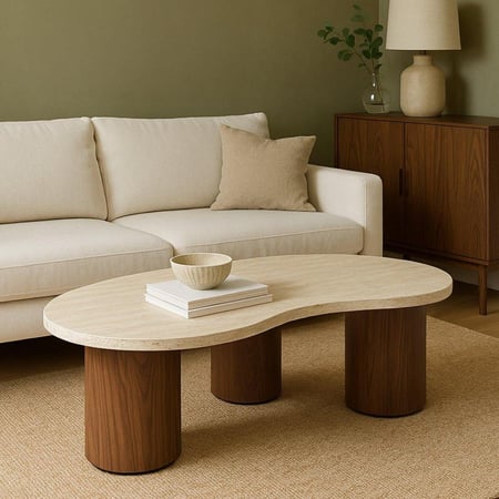 طاولة قهوة بيج - سطح خشبي وقاعدة خشبية أسطوانية