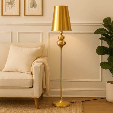 مصباح أرضي ذهبي أنيق بتصميم عصري يضيف لمسة فخامة للمكان.