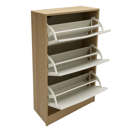 خزانة أحذية أنيقة بثلاثة أدراج، بتصميم خشبي بسيط يناسب مختلف المساحات.