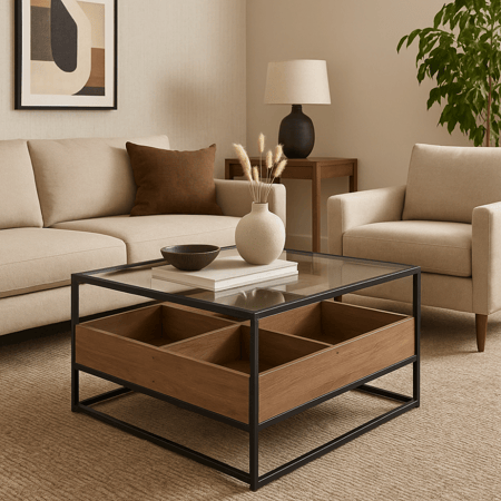 طاولة قهوة وسط بني – سطح زجاج وخانات داخلية