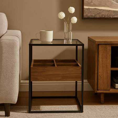 طاولة جانبية - سطح زجاجي - صندوق خشب - قواعد معدن