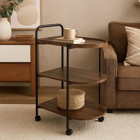 عربة تقديم 3 طوابق خشب - أعمدة معدنية