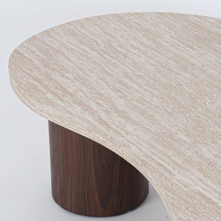 طاولة قهوة بيج - سطح خشبي وقاعدة خشبية أسطوانية