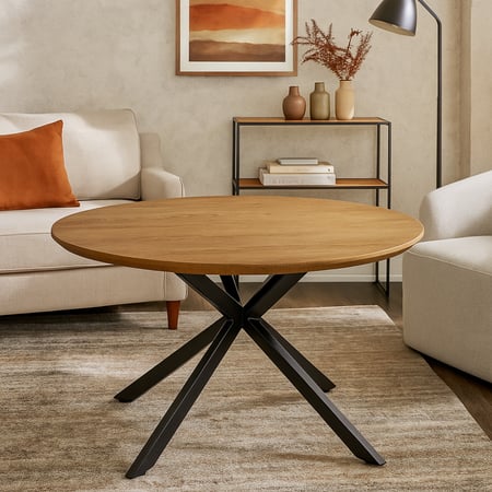 طاولة دائرية أنيقة بسطح خشبي وقاعدة معدنية عصرية.