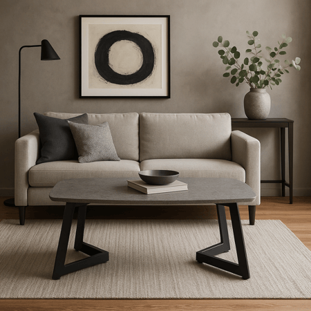 طاولة قهوة وسط رمادية بأرجل معدنية سوداء