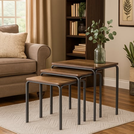 طقم طاولات جانبية بتصميم عصري، سطح خشبي وساق معدنية بلون أسود، عملية وتناسب مختلف الاستخدامات.