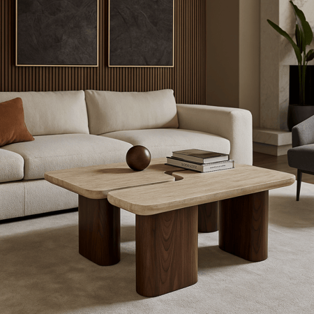 طقم طاولات بتصميم عصري بسطح فاتح وقاعدة خشبية أنيقة.