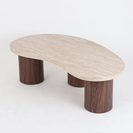 طاولة قهوة بيج - سطح خشبي وقاعدة خشبية أسطوانية