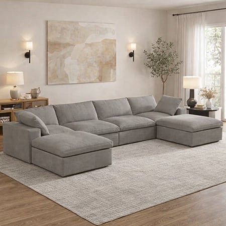 رويال | كنبة زاوية رمادية عصرية بتنجيد شانيل – مقاس ٣٤٠×١٦٠×١٦٠ سم