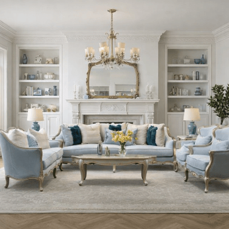 رويال | طقم غرفة معيشة كامل – هيكل خشبي + قماش – مكوّن من كنبات وطاولات