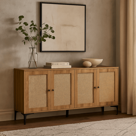 خزانة خشبية بأبواب من القش، تصميم بسيط ولمسة طبيعية دافئة