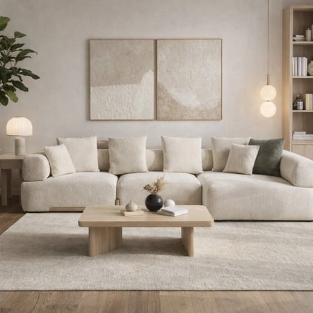 رويال | كنبة زاوية إيليجنس بتنجيد شانيل ناعم – لون أبيض عاجي غامق – مقاس ٢٦٥×١٤٠ سم