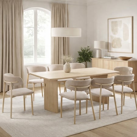 طاولة طعام أنيقة ، بسطح خشبي دافئ وتصميم بسيط راقٍ، مثالية للعائلات والضيافة