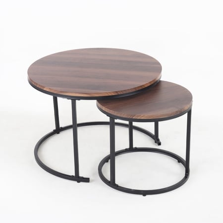 طقم طاولات قهوة وسط - سطح خشبي دائري - قواعد معدن
