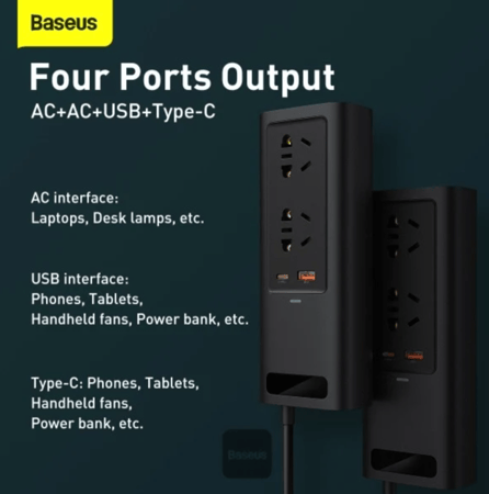 توصيلة سيارة بيسوس بقوة 150 واط و220 فولت بمنفذ تايب سي ومنفذ USB ومنف