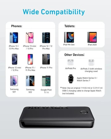 بطارية انكر  بمنفذين USB-A و منفذ PD بسعة 20000  + كيبل ايفون قماش من انكر