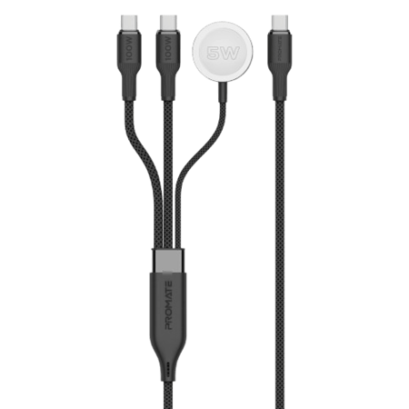 كيبل شحن USB-C فائق السرعة بقوة 100 واط مع مخرجين USB-C ، وشاحن لساعة أبل