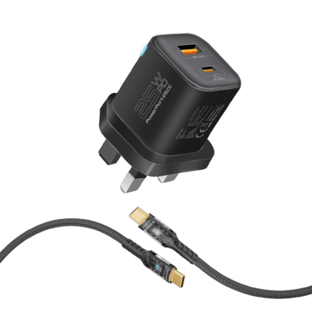 شاحن جداري مزدوج المنفذ بقدرة 25 واط مع كابل تايب سي