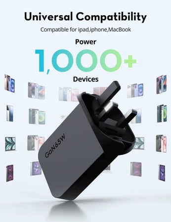 شاحن جداري نحيف راف باور بقوة 65 واط بمنفذين تايب سي - اسود