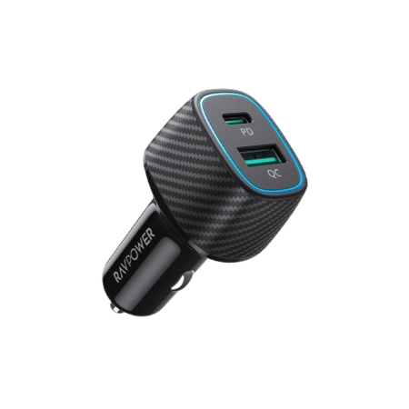 شاحن سيارة راف باور بتقنية بي دي بقوة 60 واط بمنفذ USB-C ومنفذ USB-A - اسود