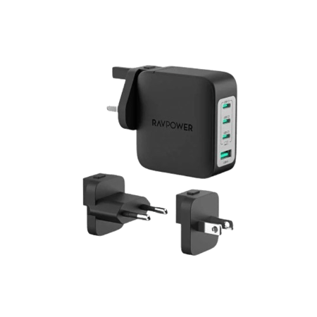 شاحن جداري راف باور متعدد المنافذ بقوة 140 واط ثلاثة منافذ تايب سي ومنفذ يو اس بي - اسود