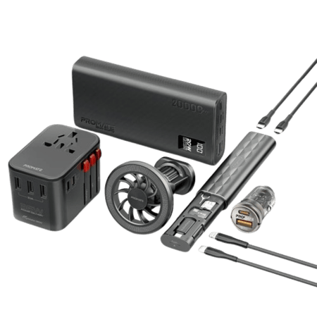 مجموعة السفر المحمولة 8 في 1 تحتوي على بطارية متنقلة بسعة 20000mAh ورأس شحن عالمي AC بقدرة 36 واط وشاحن سيارة صغير بقدرة 65 واط مع حامل مغناطيسي وكيبل USB-C إلى لايتنينغ وكيبل USB-C مع مجموعة ملحقات