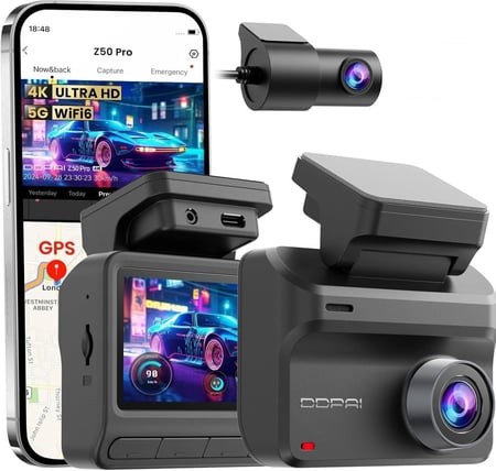 داش كام DDPAI Z50 Pro 4K – كاميرا أمامية وخلفية مع GPS ونظام مراقبة شامل + دعم 4G اختياري