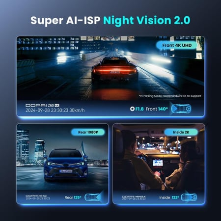 داش كام DDPAI Z60 ثلاثية 3CH أمامية 4K وداخلية 2K وخلفية FHD مع حماية 24 ساعة