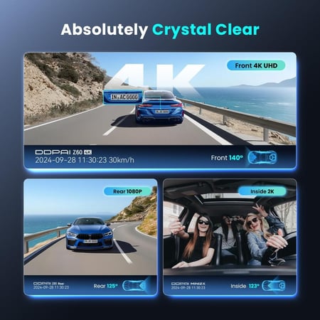 داش كام DDPAI Z60 ثلاثية 3CH أمامية 4K وداخلية 2K وخلفية FHD مع حماية 24 ساعة