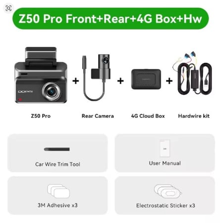 داش كام DDPAI Z50 Pro 4K – كاميرا أمامية وخلفية مع GPS ونظام مراقبة شامل + دعم 4G اختياري