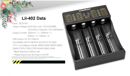 شاحن 4 بطاريات قابلة للشحن مع حاجز منزلق من ليتوكالا Lii-402
