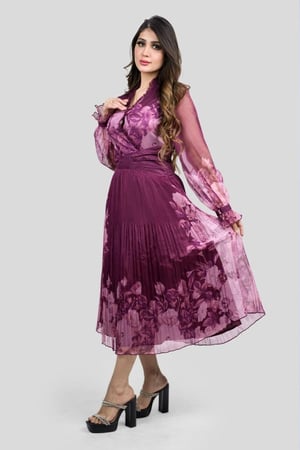 فستان ميدي شيفون مشجر اكمام طويلة