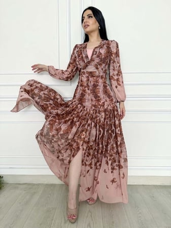 فستان سهرة شيفون مشجر بأكمام وفصوص براقة