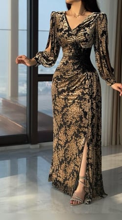 فستان سهرة مخمل استرتش بنقوش ذهبية وتطريز جانبي فاخر