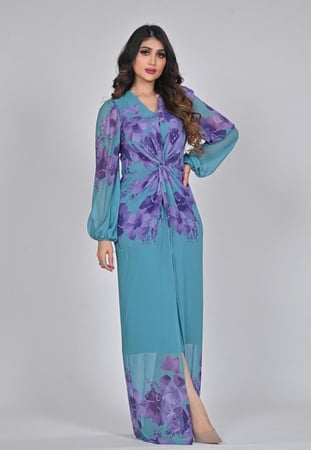 فستان مشجر طويل لون سماوي شيفون