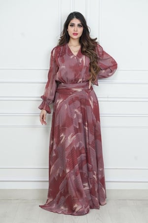 فستان شيفون مشجر طويل بإكسسوار بالكتف