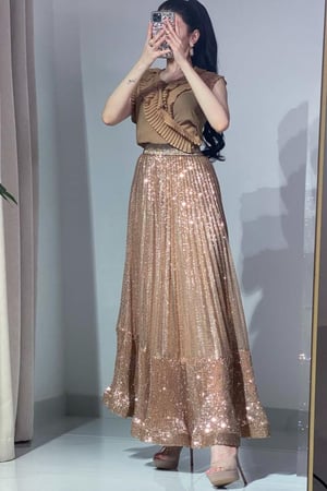 طقم نسائي سهرة بلوزة شيفون وتنورة ترتر