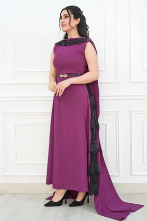 فستان سهرة طويل قماش كريب مع وشاح