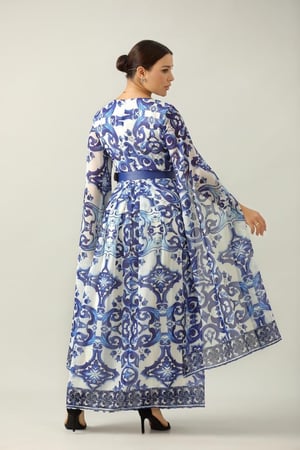 فستان مشجر ازرق اكمام طويله