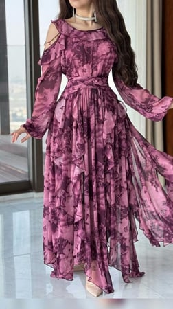 فستان سهرة طويل شيفون مشجر باكسسوار بالكتف