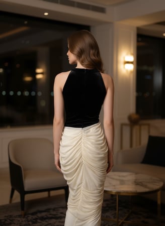 فستان سهرة أسود وكريمي بتصميم مخمل