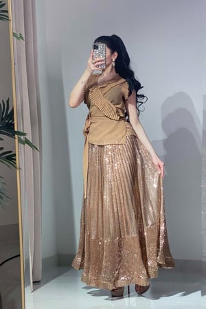 طقم نسائي سهرة بلوزة شيفون وتنورة ترتر