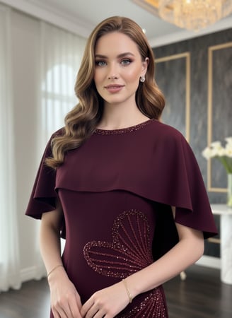 فستان سهرة برغندي كريب بقصة سمكة - مطرز بالشك السيلاني الفاخر