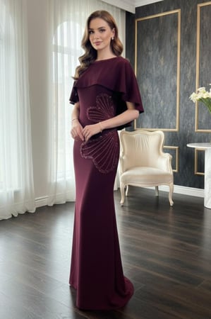 فستان سهرة برغندي كريب بقصة سمكة - مطرز بالشك السيلاني الفاخر