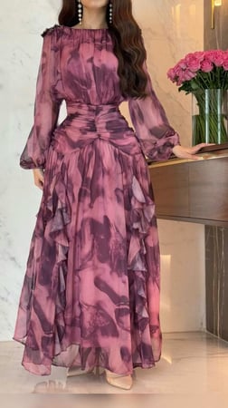 فستان سهرة طويل شيفون مشجر باكسسوار بالكتف ودرابية