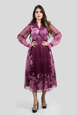 فستان ميدي شيفون مشجر اكمام طويلة