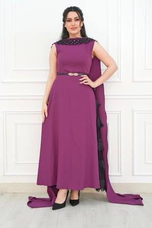 فستان سهرة طويل قماش كريب مع وشاح