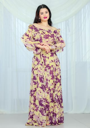 فستان مشجر  شيفون بقصة أوف شولدر