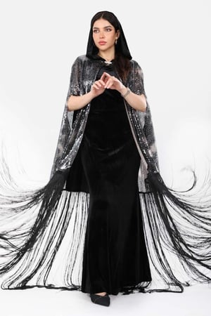 قفطان سهرة مخمل مع وشاح ترتر ومن الاسفل هدب